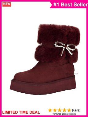 Faux Suede Ankle Winter Boot with Rhinestone Bow Detail